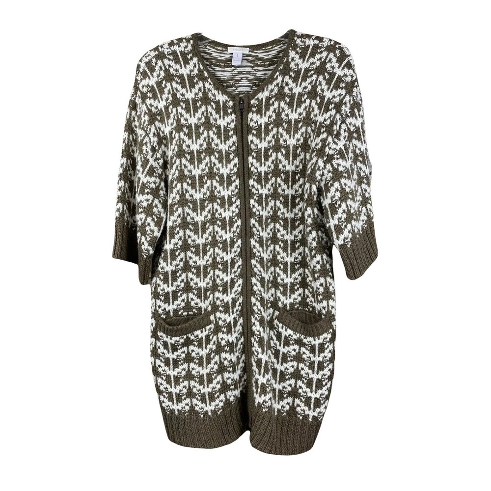 Chicos Oversized Sweater Sz 2 Large Lagenlook Cardigan Brown Cottage Granny